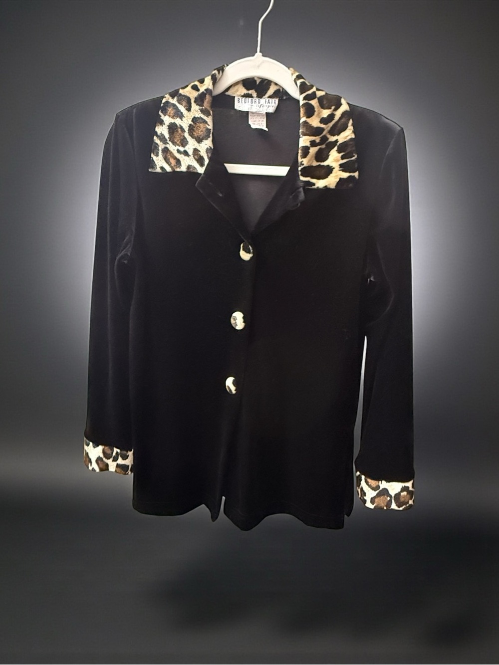 Y2K Bedford Fair Black Velvet Blazer with Leopard-Print Collar and Cuffs